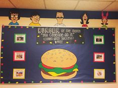 a bulletin board with pictures of people and a burger on it's side that says, burger or the month you came to it comes with success three