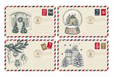 four christmas postcards with stamps on them, each containing a snow globe and an ornament