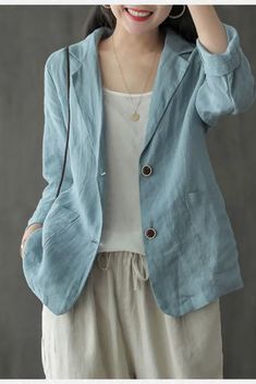 Women Cotton Linen Casual Blazer Jackets New 2021 Summer Vintage Style Solid Color Loose Ladies Thin Outerwear Coats S3890 Linen Blazers Women, Straight Clothes, Linen Casual, Linen Suit, Summer Vintage, Matches Fashion, Linen Blazer