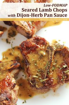 grilled lamb chops with dijon - herb pan sauce on a white plate