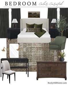 a bedroom with black and white furniture, green accents, and accessories on display in front of the bed