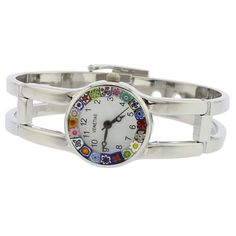 This elegant Murano Glass watch is a unique timepiece featuring beautiful face with crystal made using world-famous Millefiori glass-making technique. Colorful pattern of flowers set against modern chrome-finished bracelet give this watch its trendy artistic look. Our unique Murano watch adds a perfect Venetian accent to your look and works equally well for a weekend at home, a day in the office, or an evening event. Measurements: The face of this Murano glass watch measures 7/8 inch in diameter Glass Making, Murano Glass Jewelry, Metal Bracelet, Metal Bracelets, Venice Italy, Leather Band, Glass Crafts, Glass Jewelry, Murano Glass