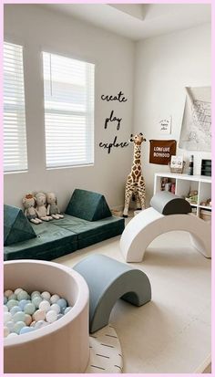 a child's playroom with toys and furniture in the corner, including a giraffe statue