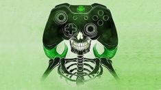 a green and black video game controller with a skull in the center on a light green background