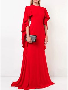 A-Line Evening Gown Elegant Dress Formal Sweep / Brush Train Long Sleeve Jewel Neck Stretch Chiffon with Pleats Ruffles Gown Elegant, Strapless Evening Dress, Dress With Pleats, Evening Dresses Online, Dresses Formal Elegant, Prom Dresses Sleeveless, Red Evening Dress, Elegant Party Dresses, Designer Evening Dresses