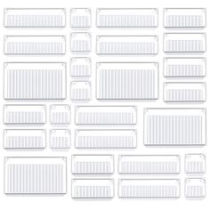 a large set of white plastic labels on a white background with lines and rectangles