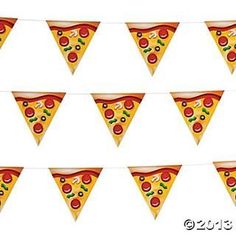 several slices of pizza hanging from a string on a white background with green olives and pepperoni