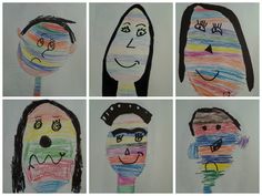 four children's drawings with different faces on them