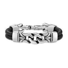 Uniquely engraved stainless steel clasps on black leather make for a dramatic and stylish bracelet.Metal: Stainless steelMaterial: Black leatherClosure: Lobster claspDimensions: 9" lengthJewelry photos are enlarged to show detail. Luxury Silver Leather Bracelet With Stainless Steel, Luxury Silver Stainless Steel Leather Bracelet, Classic Black Leather Bracelet Engraved, Classic Black Engraved Leather Bracelet, Elegant Black Leather Bracelet With Stainless Steel Clasp, Classic Silver Leather Bracelet With Leather Strap, Black Stainless Steel Jewelry With Leather Strap, Classic Silver Leather Strap Bracelet, Silver Leather Bracelet With Stainless Steel Clasp