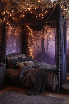 a canopy bed with fairy lights hanging from it's sides in a purple bedroom