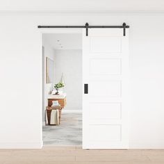 an open sliding door in a white room