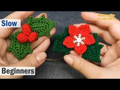 two hands holding crocheted christmas decorations