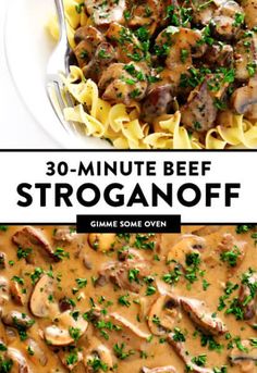 the cover of 30 minute beef stroganonoff is shown with pasta and mushrooms