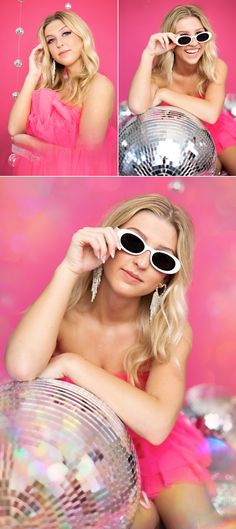 Senior Pictures Girl Poses Disco Photoshoot Ideas, Taylor Swift Inspired Photoshoot, Styled Photoshoot Ideas Inspiration, Disco Pictures, Eras Tour Photoshoot, Senior Picture Studio Ideas, Disco Ball Photo Shoot, Disco Senior Pictures