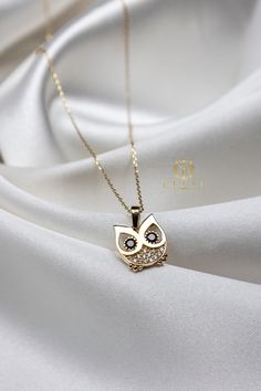 "ABOUT PRODUCT This 14K solid gold Owl with diamond necklace is beautifully designed and hand crafted with our associates to make this a special gift for your loved ones. Knowing the value of our customers, We prepare each piece with extra care and attention.  ITEM DETAILS Material: 14K Gold Approx:  2.10 gram Available colors: Gold, Rose Gold, White Gold Available Sizes: 14\" to 20\" ✪ 14k Solid Gold ( Certification will be included with your order ) ✪Available 14K White, Yellow, Rose Gold (als Hand Set White Gold Diamond Necklace As Gift, Hand-set White Gold Diamond Necklace As Gift, Wedding Necklaces With Diamond Eyes, Wedding Fine Jewelry Necklaces With Diamond Eyes, Elegant 14k Gold Diamond Necklace With Diamond Eyes, Luxury Hand Set Diamond Necklace For Gift, Elegant Gold Diamond Necklace With Diamond Eyes, Elegant Formal Necklace With Diamond Eyes, Elegant Diamond Necklace With Diamond Eyes For Gift