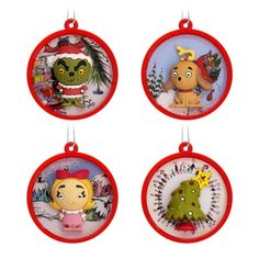 four christmas ornaments are hanging from red circulars with cartoon characters in the center, on white background