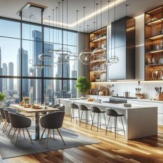 a large kitchen and dining area with wooden floors, high rise buildings in the background