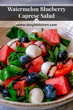 watermelon and blueberry caprese salad in a white bowl with text overlay