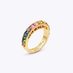 The Be Kind Band Ring features a gold ring with 'Be Kind' slogan visible from the side. The ring is topped with rainbow jewels for a glamorous finish. The inner side is engraved with branding next to a small clear gemstone.S/M: 17.3mm diameter. O UK / 7 USM/L: 18.2mm diameter. Q UK / 8 USArrives with a randomly selected colored ring box.Materials: Brass 80%, Crystal 20%.Style Number: 8833269429 Kurt Geiger Jewelry, Colorful Crystals, Bangle Ring, Eagle Head, Maximalism, Jewelry Lookbook, Latest Jewellery, Hinged Bangle, Color Ring