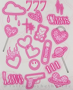 some pink stickers with hearts and other things on them in the shape of letters