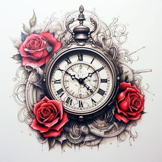 a clock with red roses on the face and in the middle is an ornate design