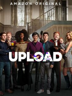 the cast of'upload'standing in front of an open staircase and stairs