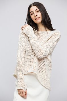 Woman knit Linen Cotton  oversized sweater. Summer  loose knit sweater. Hi Lo hemline , thumb holes Loose Knit Sweater, Woman Sweater, Pull Oversize, Cardigan Oversized, Handmade Sweater, White Woman, Loose Knit Sweaters, Crochet Clothing, Oversized Knitted Sweaters