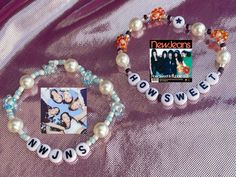 the beaded bracelet is decorated with photos and beads that spell out brownsweet