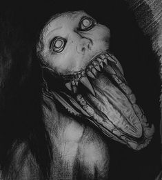 a black and white drawing of a creepy looking creature with its mouth open in the dark