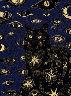 a cat sitting on top of a pile of stars in front of an all seeing eye background