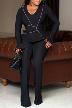 Casual Daily Elegant Patchwork V Neck Long Sleeve Two Pieces Chic Black V-neck Sets, Elegant Stretch Black Set, Fitted Black Workwear Sets, Fitted Black Sets For Fall, Black Fitted Long Sleeve Sets, Black Stretch Workwear Sets, Black Office Sets For Spring, Chic Black Long Sleeve Set, Chic Black Office Sets