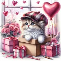 a cat wearing a hat sitting in a box surrounded by gifts and flowers with hearts