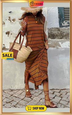 Brown Stripe Print Open Back Sleeveless Maxi Dress with Slits Brown Sleeveless Maxi Dress For Beach Season, Sleeveless Brown Maxi Dress For Beach Season, Casual Split Dress For Beach Season, Casual Split Dresses For Beach Season, Casual Summer Maxi Dress With Split Design, Casual Beach Maxi Dress With Split Design, Casual Midi Dress With Side Slits For Vacation, Brown Maxi Dress With Side Slits, Sleeveless Fall Beach Maxi Dress