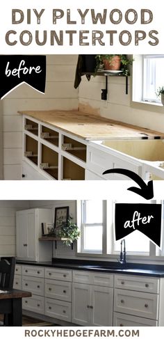 the before and after of a diy plywood countertop