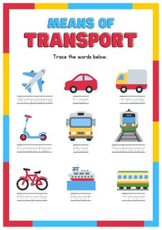 a poster that says means of transport trace the words below to learn how to read them