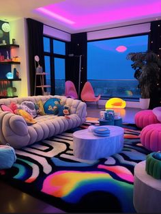 a living room filled with lots of colorful furniture