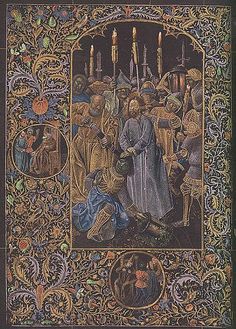 an illuminated manuscript with images of people and candles