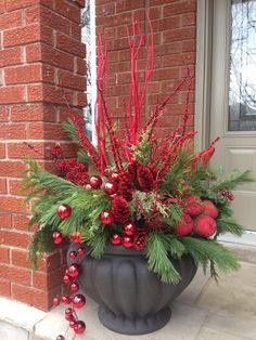 a potted plant with red berries and greenery on the outside of a house