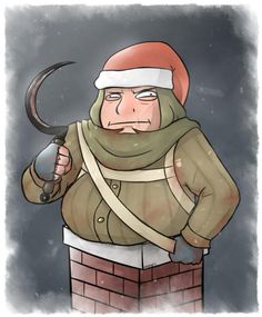 a drawing of a man with a hammer in his hand and wearing a santa hat