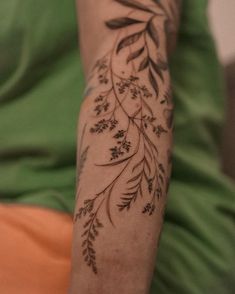 Simple Floral Half Sleeve Tattoo, Flower Shoulder Sleeve Tattoo, Floral Foliage Tattoo, Fine Line Botanical Tattoo Sleeve, Foliage Sleeve Tattoo, Plant Sleeve Tattoo Botanical Drawings, Fern Mushroom Tattoo, Botanical Wrist Tattoo, Leaf Filler Tattoo