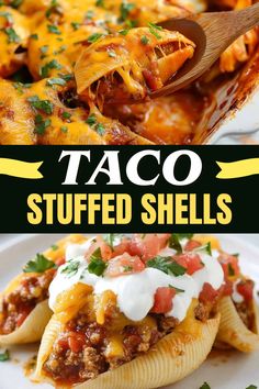 taco stuffed shells on a white plate with text overlay that reads, taco stuffed shells