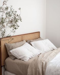 an unmade bed with white linens and pillows in front of a plant on the wall