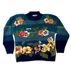 Vintage Heirloom Collectibles Pullover Sweater Floral, Mock Neck Size Medium Nwt See Pictures For Measurements L8 Blue Jacquard Knit Sweater For Fall, Blue Hand Knitted Sweater For Spring, Blue Jacquard Knit Sweater, Blue Bohemian Knitted Sweater, Retro Blue Knit Sweater, Blue Retro Knit Sweater, Vintage Blue Knit Sweater, Blue Knitted Sweater For Fall, Retro Blue Knitted Sweater