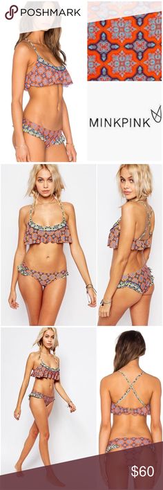 MINKPINK Mosaic Ruffle Cheeky Bikini Swimsuit New with Tags MINKPINK Mosaic Ruffle Bikini swimsuit. Sz XS for both top and bottom. Bright exotic detail with a flirty touch. Crisscrossing straps. Buckle back closure. Lined. Shell: 80% nylon/20% elastane. Lining: 92% nylon/8% elastane. Bust 32.5". Waist 25.5". Hip 36". MINKPINK Swim Bikinis Summer Halter Neck Swimwear With Ruffles, Summer Ruffled Halter Neck Swimwear, Halter Neck Ruffled Swimwear For Summer, Halter Neck Swimwear With Ruffles For Beach, Ruffled Halter Neck Swimwear For The Beach, Halter Neck Ruffled Swimwear For Beach, Halter Neck Swimwear With Ruffles For Pool, Ruffled Halter Neck Swimwear For Pool, Halter Neck Ruffled Swimwear For Pool