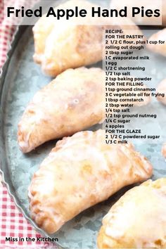 the recipe for fried apple hand pies is shown on a plate with red and white checkered table cloth