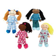 three dolls are shown in different colors and sizes