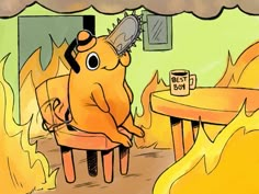 a cartoon dog sitting in front of a fire with a cup on it's lap