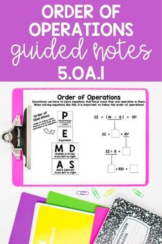 the order of operations guided notes 5 oa is shown in purple and white with text that reads order of operations guided notes