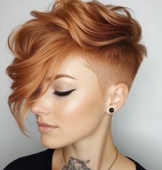 Short Hairstyle Women Undercut, Short Hairstyle Women Pixie, Edgy Pixie Cuts Shaved Sides, Short Coloured Hair, Shaved Pixie Cut, Pixie Hair Color, Copper Hair Color Ideas, Cheveux Oranges, Natural Haircuts