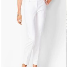 Nwt, Talbots High-Waist Straight-Leg Full Length Pant In White. Flat Front Dress Pants In A Great Stretch Cotton Blend! Belt Loops Button Welt Pockets In Back Machine Wash Waist Laying Flat 15" Rise 10" Inseam 28" Model Pics In Another Color Are Just To Show Fit And Features. T5 White Fitted Tapered Leg Pants, Fitted White Tapered Leg Pants, Fitted White Tapered Leg Dress Pants, White Fitted Tapered Leg Dress Pants, Classic White Stretch Dress Pants, White Tapered Leg Dress Pants For Business Casual, White Ankle-length Office Dress Pants, White Ankle-length Dress Pants For Office, White Straight Leg Dress Pants For Office